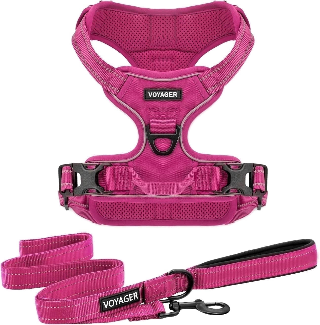 Voyager Dog Harness Dual Leash Attachment No-Pull Control Adjustable Soft Strong Pet Harness for Medium and Large Dogs w/ 3M Reflective Technology w/ Leash Included - Fuchsia, XL (Chest 22-27")
