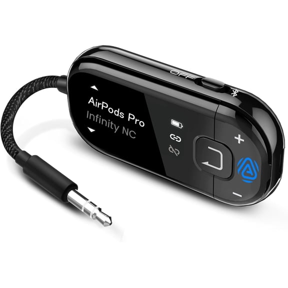 Voyager - OLED Airplane Bluetooth Adapter & Auracast Transmitter | Easy OLED Pairing with Headphones & AirPods, Qualcomm aptX Adaptive, Upgradeable Firmware, and 3.5mm AUX for Flight & Travel