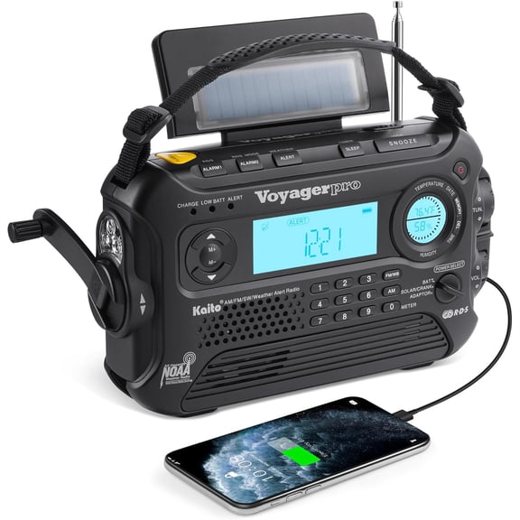 Voyager Pro KA600 Digital Solar Dynamo Hand Crank AM/FM/LW/SW & NOAA Weather Emergency Radio with Flashlight, Reading Lamp,Smart Phone Charger RDS and Real-Time Alert, AC Adapter, Black