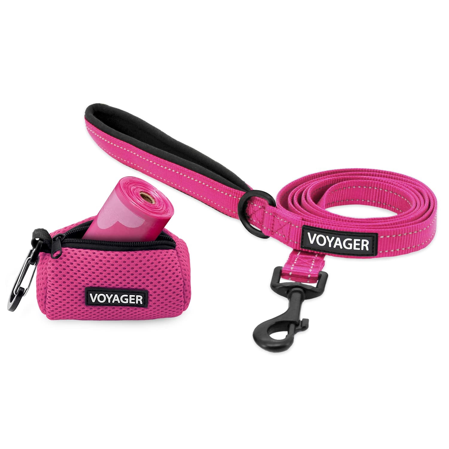 Voyager Reflective Dog Leash with Neoprene Handle, 5 FT. and Reusable Mesh Dispenser Poop Bag