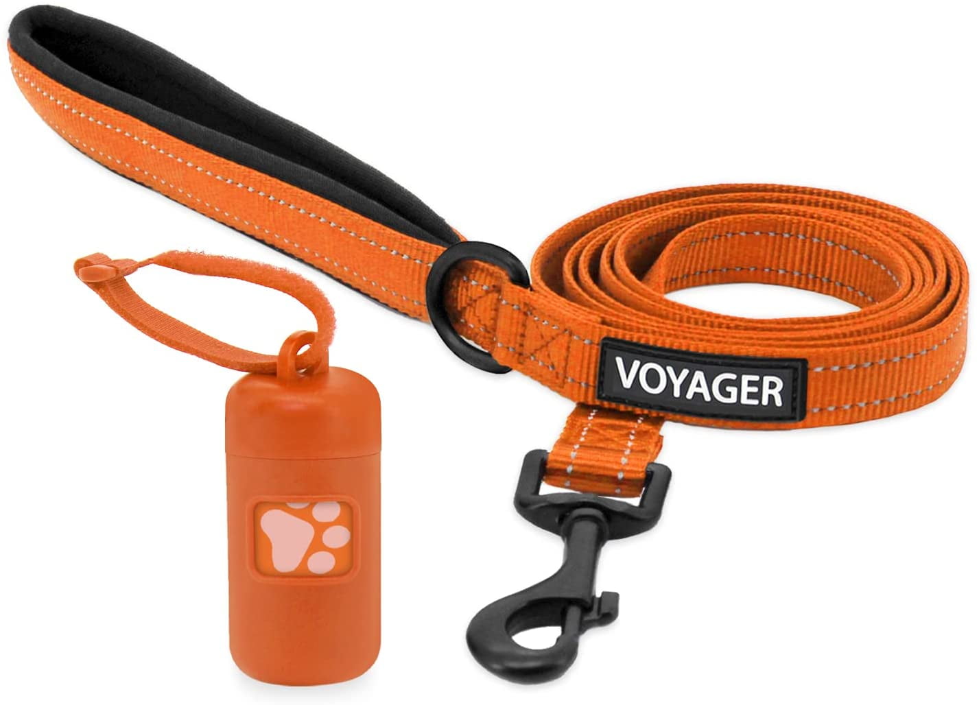 Voyager Reflective Dog Leash with Neoprene Handle 5 FT and Reusable Plastic Dispenser Poop Bag