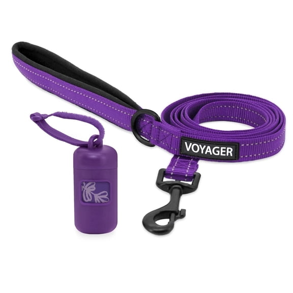 Voyager Reflective Dog Leash with Neoprene Handle 5 FT and Reusable Plastic Dispenser Poop Bag Holder Set for Walking and Outdoor Use Soft and Durable with Clip-On - Purple (Purple Dispenser)