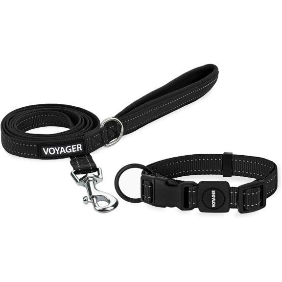 Voyager Reflective Leash Collar Set with Neoprene Handle, 5ft Long, Supports Small, Medium, and Large Breed Puppies, Cute and Heavy Duty for Walking, Running, and Training - Black, L