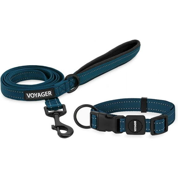 Voyager Reflective Leash Collar Set with Neoprene Handle, 5ft Long, Supports Small, Medium, and Large Breed Puppies, Cute and Heavy Duty for Walking, Running, and Training - Blue, S