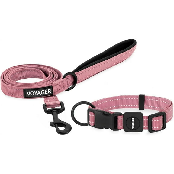 Voyager Reflective Leash Collar Set with Neoprene Handle, 5ft Long, Supports Small, Medium, and Large Breed Puppies, Cute and Heavy Duty for Walking, Running, and Training - Pink, S
