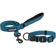 Voyager Reflective Leash Collar Set with Neoprene Handle, 5ft Long, Supports Small, Medium, and Large Breed Puppies, Cute and Heavy Duty for Walking, Running, and Training - Turquoise, L