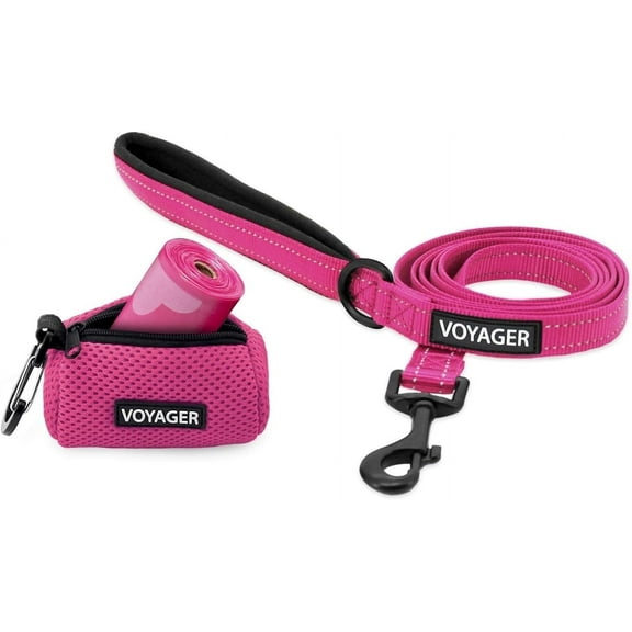 Voyager Reflective Leash Poop Bag Set with Neoprene Handle, 5ft Long, Supports Small, Medium, and Large Breed Puppies, Cute and Heavy Duty for Walking, Running, and Training - Fuchsia, S