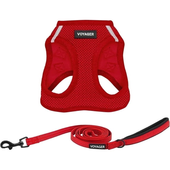 Voyager Step-In Air All Weather Mesh Harness & Reflective Dog Leash Combo w/ Neoprene Handle 5ft , For Small to Large Breed Dogs Cute & Heavy Duty, Best Pet Supplies- Red Red Trim, XS