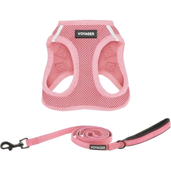 Voyager Step-In Air All Weather Mesh Harness & Reflective Dog Leash Combo w/ Neoprene Handle 5ft , For Small to Large Breed Dogs Cute & Heavy Duty, Best Pet Supplies- Pink Pink Trim, XXXS
