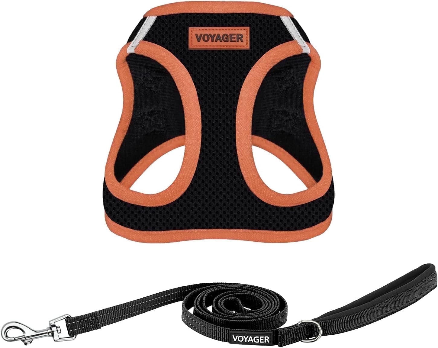Voyager Step-in Air All Weather Mesh Harness and Reflective Dog 5 ft Leash Combo with Neoprene Handle, for Small, Medium and Large Breed Puppies - Black/Orange Trim, X-Small