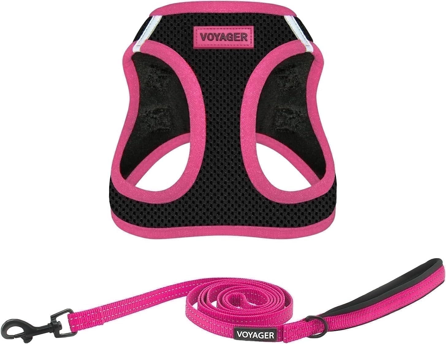 Voyager Step-in Air All Weather Mesh Harness and Reflective Dog 5 ft Leash Combo with Neoprene Handle, for Small, Medium and Large Breed Puppies - Black/Pink Trim, Small