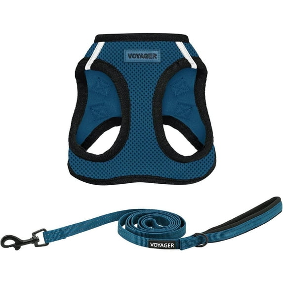 Voyager Step-in Air All Weather Mesh Harness and Reflective Dog 5 ft Leash Combo with Neoprene Handle, for Small, Medium and Large Breed Puppies - Blue/Black Trim, Large