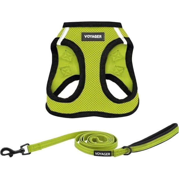 Voyager Step-in Air All Weather Mesh Harness and Reflective Dog 5 ft Leash Combo with Neoprene Handle, for Small, Medium and Large Breed Puppies - Lime/Black Trim, X-Large