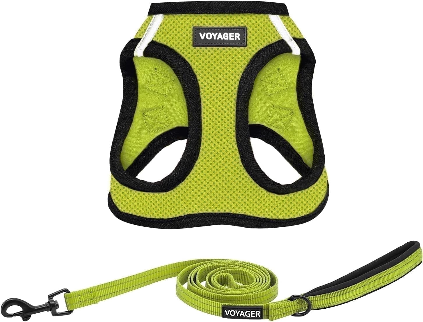 Voyager Step-in Air All Weather Mesh Harness and Reflective Dog 5 ft Leash Combo with Neoprene Handle, for Small, Medium and Large Breed Puppies - Lime/Black Trim, XX-Small