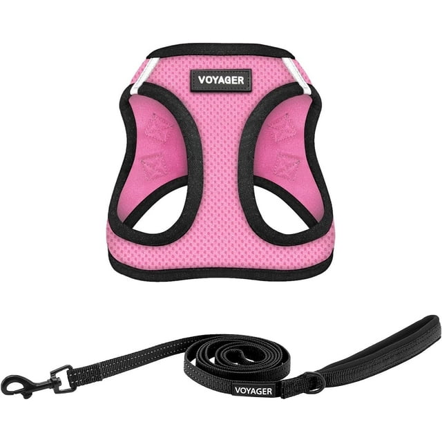 Voyager Step-in Air All Weather Mesh Harness and Reflective Dog 5 ft Leash Combo with Neoprene Handle, for Small, Medium and Large Breed Puppies - Pink/Black Trim, XXX-Small