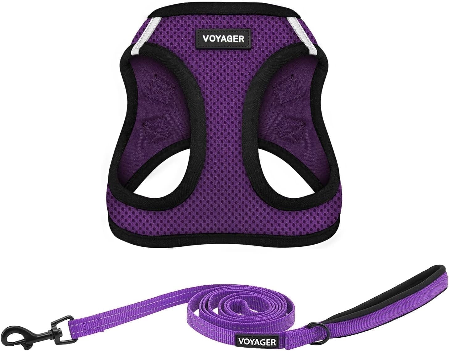 Voyager Step-in Air All Weather Mesh Harness and Reflective Dog 5 ft Leash Combo with Neoprene Handle, for Small, Medium and Large Breed Puppies - Purple/Black Trim, X-Small