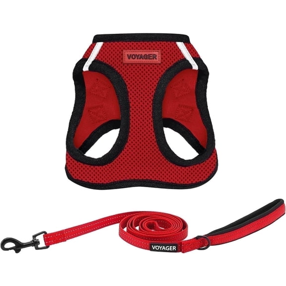 Voyager Step-in Air All Weather Mesh Harness and Reflective Dog 5 ft Leash Combo with Neoprene Handle, for Small, Medium and Large Breed Puppies - Red/Black Trim, Large