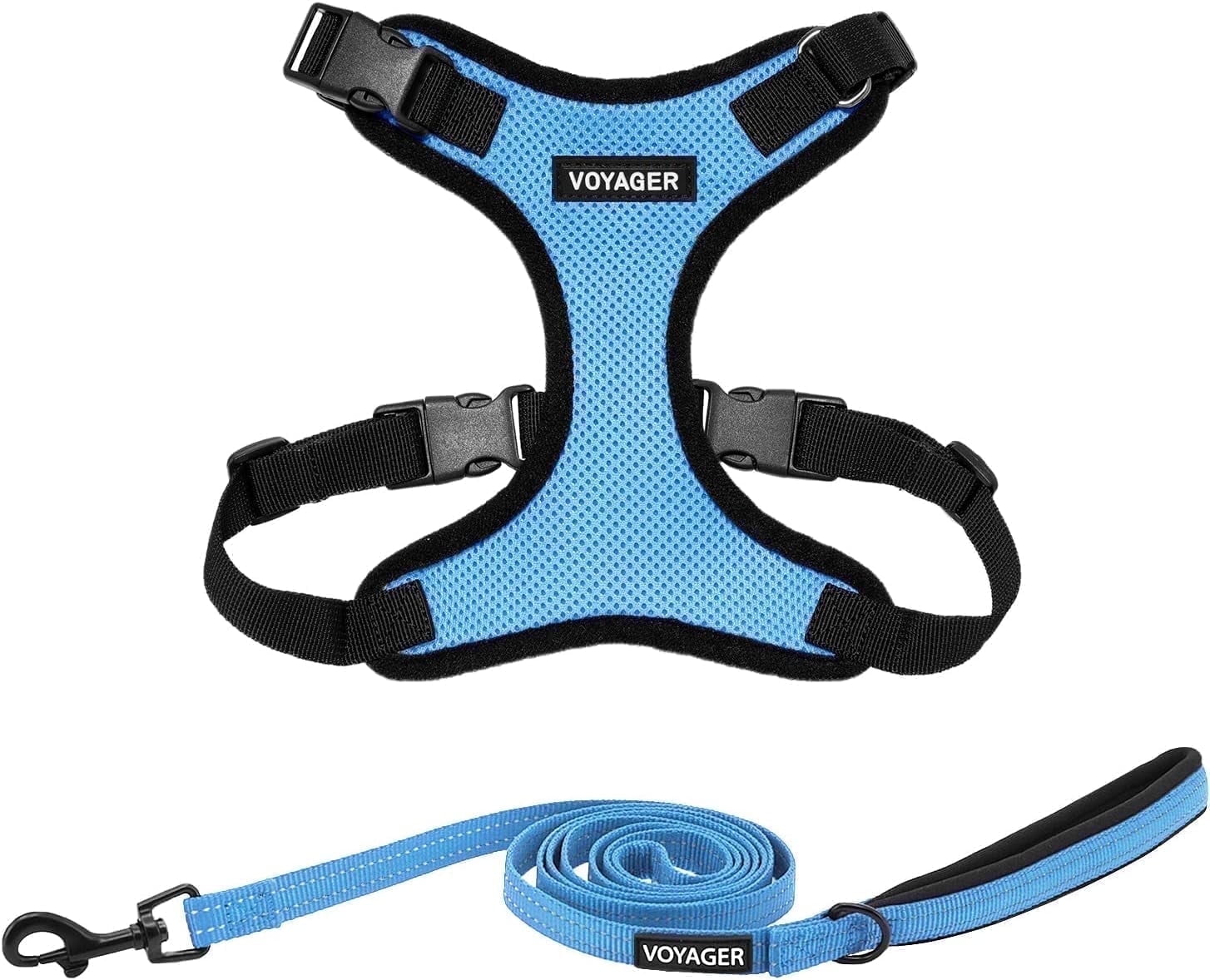 Voyager Step-In Lock Dog Harness & Reflective Leash Set w/ Neoprene Handle 6ft - For Small to Large Breed Dogs/ Cats, Cute & Heavy-Duty for Walking, Running & Training - Baby Blue Black Trim, S