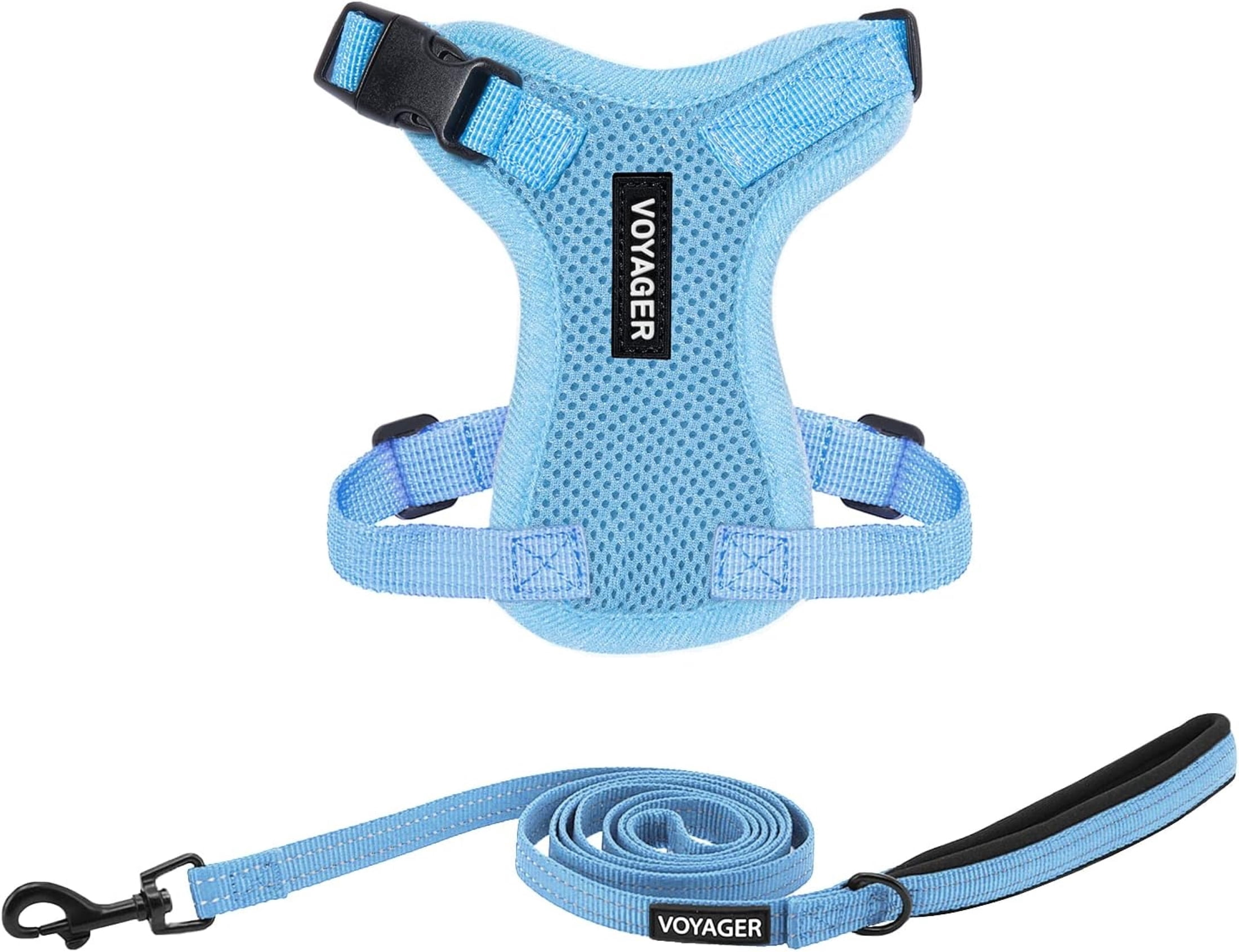 Voyager Step-In Lock Dog Harness & Reflective Leash Set w/ Neoprene Handle 6ft - For Small to Large Breed Dogs/ Cats, Cute & Heavy-Duty for Walking, Running & Training - Baby Blue Trim, XXXS