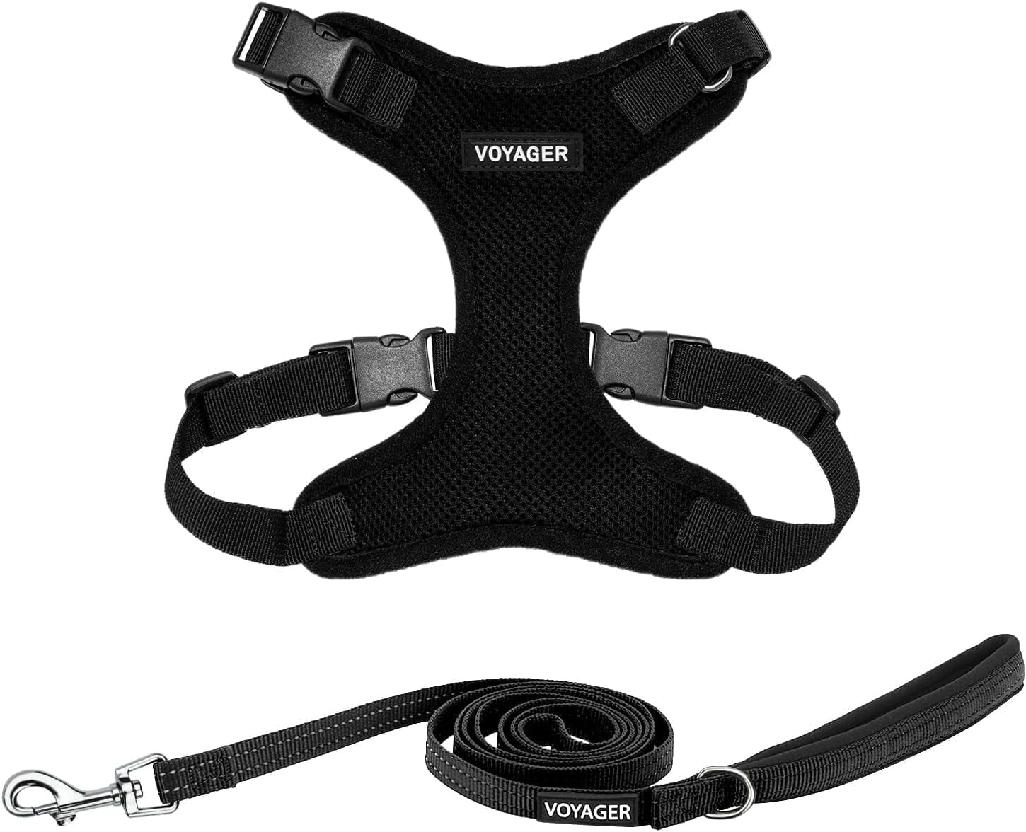 Voyager Step-In Lock Dog Harness & Reflective Leash Set w/ Neoprene Handle 6ft - For Small to Large Breed Dogs/ Cats, Cute & Heavy-Duty for Walking, Running & Training - Black Black Trim, S