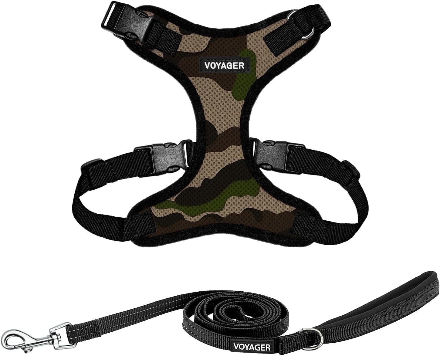 Voyager Step-In Lock Dog Harness & Reflective Leash Set w/ Neoprene Handle 6ft - For Small to Large Breed Dogs/ Cats, Cute & Heavy-Duty for Walking, Running & Training - Army Black Trim, S