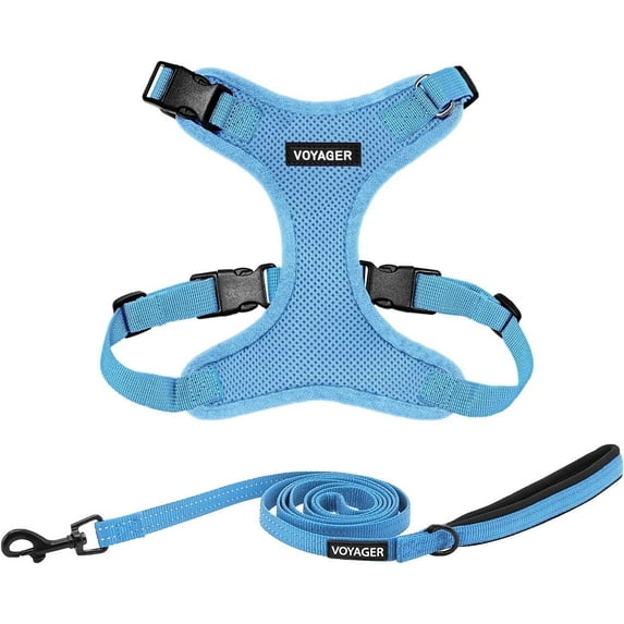 Voyager Step-In Lock Dog Harness & Reflective Leash Set w/ Neoprene Handle 6ft - For Small to Large Breed Dogs/ Cats, Cute & Heavy-Duty for Walking, Running & Training - Baby Blue Baby Blue Trim, XL