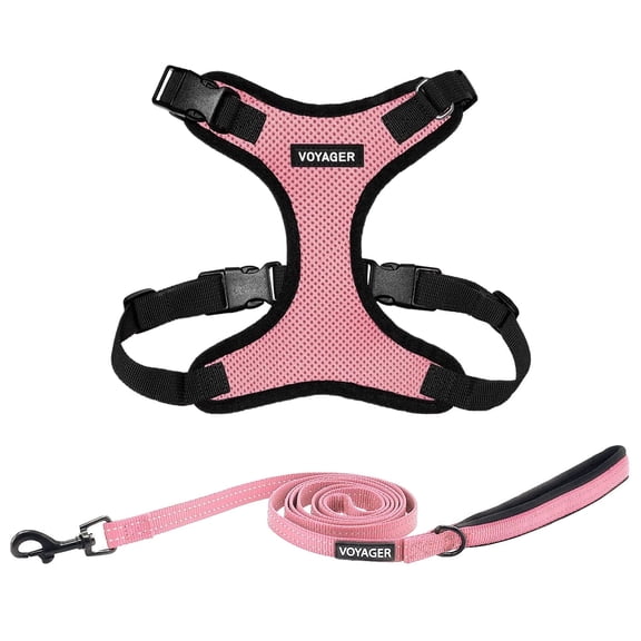 Voyager Step-in Lock Dog Harness w\ Reflective Dog Leash Combo Set with Neoprene Handle 5ft - Supports Small, Medium and Large Breed Puppies/Cats by Best Pet Supplies - Pink/Black Trim, XL