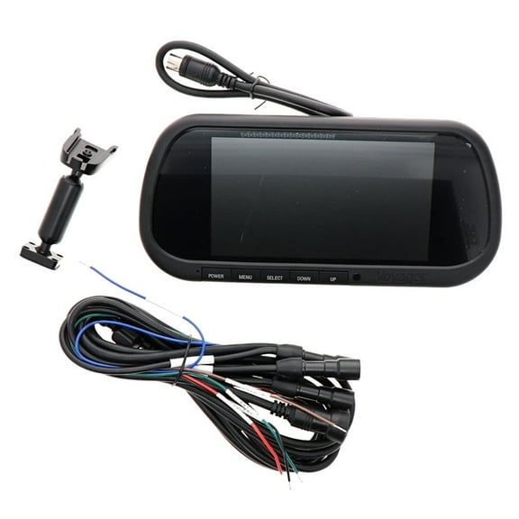 Voyager VOM74MM Replacement 7" TFT LCD Rearview Mirror Monitor; Matte Black Body; 12VDC; PAL/NTSC Compatible; 16:9 Aspect Ratio; 3 Camera Inputs; White Backlight Buttons; Built-in Speaker