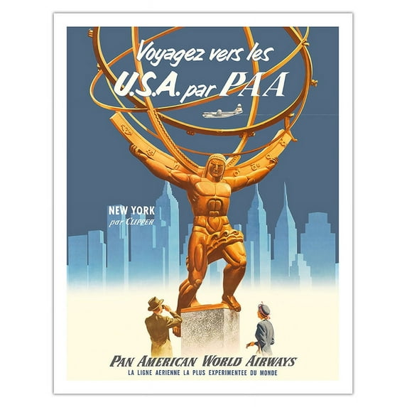 Voyagez vers les U.S.A. par PAA (Travel to the USA by PAA) - New York Clipper - Pan American World Airways - Vintage Travel Poster c.1950s - Fine Art Matte Paper Print (Unframed) 11x14in