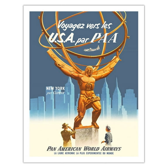 Voyagez vers les U.S.A. par (Travel to the USA by ) - New York Clipper - Vintage Travel Poster c.1950s - Fine Art Matte Paper Print (Unframed) 20x26in