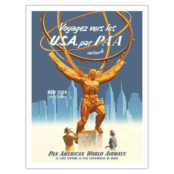 Voyagez vers les U.S.A. par (Travel to the USA by ) - New York Clipper - Vintage Travel Poster c.1950s - Fine Art Matte Paper Print (Unframed) 24x32in