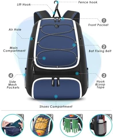 Voylla Baseball Bag, Softball Bag for Baseballgear & T-Ball Bat, Baseball Backpack with Shoes Compartment for Men/Women