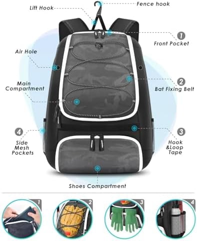 Voylla Baseball Bag, Softball Bag for Baseballgear & T-Ball Bat, Baseball Backpack with Shoes Compartment for Men/Women