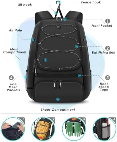 Voylla Baseball Bag, Softball Bag for Baseballgear & T-Ball Bat, Baseball Backpack with Shoes Compartment for Men/Women