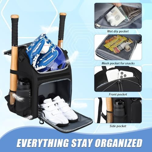 Voylla Youth Baseball Bag, Softball Bag for Girls & Boys, Kids Baseball Backpack with Shoes Compartment, 2026 Upgrade Design, Pro-Grade Storage