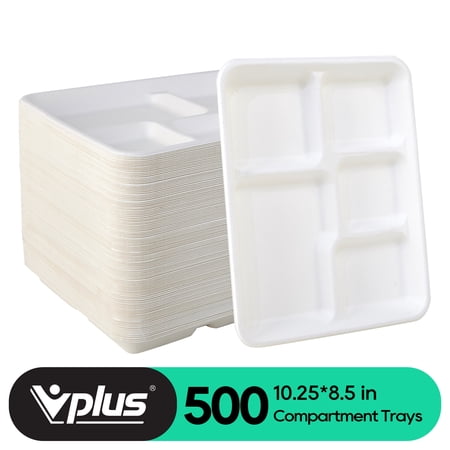 Vplus 100% Compostable 5 Compartment Bagasse Paper Plates, 10.25*8.5 inch,500pack