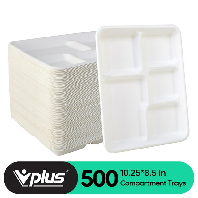 Vplus 100% Compostable 5 Compartment Bagasse Paper Plates, 10.25*8.5 inch,500pack