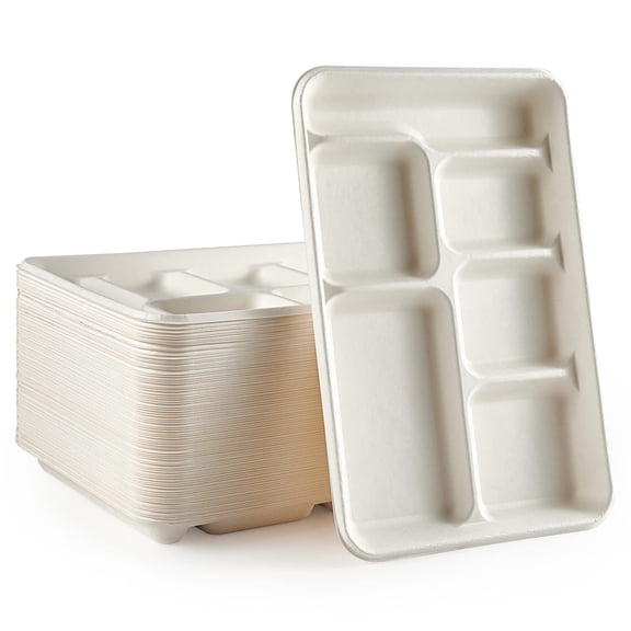 Vplus 100% Compostable 6 Compartment Plates, AFN190 Pack Compartment Paper Plate, 12.5x8.6 inch Disposable School Lunch Trays, Eco-Friendly Bagasse Plates for School Lunch, Buffet, and Party