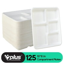 Vplus 100% Compostable Bagasse 5 Compartment Paper Trays For Boys And Girls, 10*8 inch, White,125 Pack