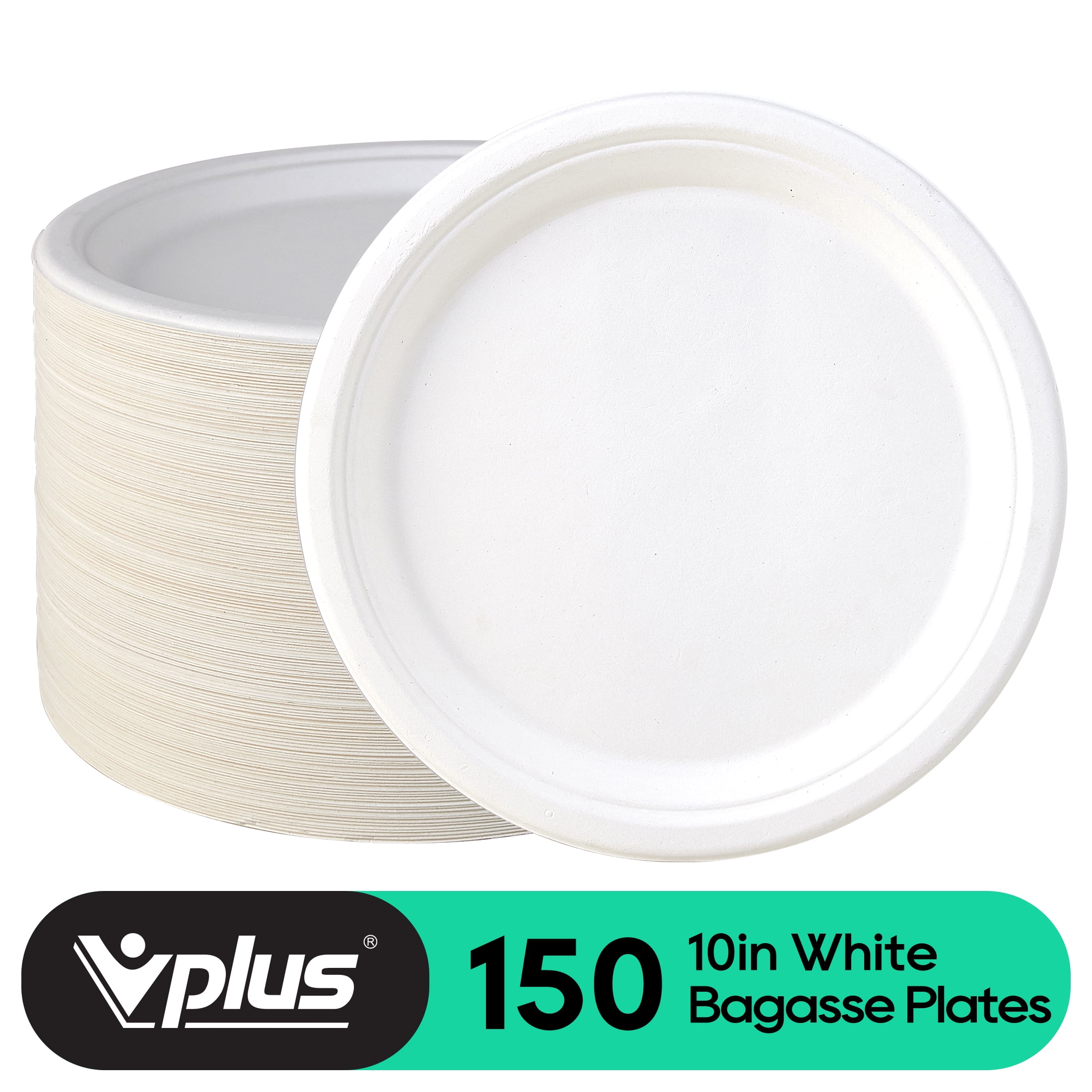Vplus 150 Pack Compostable Bagasse Plate, Disposable Paper Plates, 10 inch  
