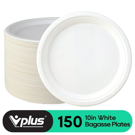 Vplus 150 Pack Compostable Bagasse Plate, Disposable Paper Plates, 10 inch