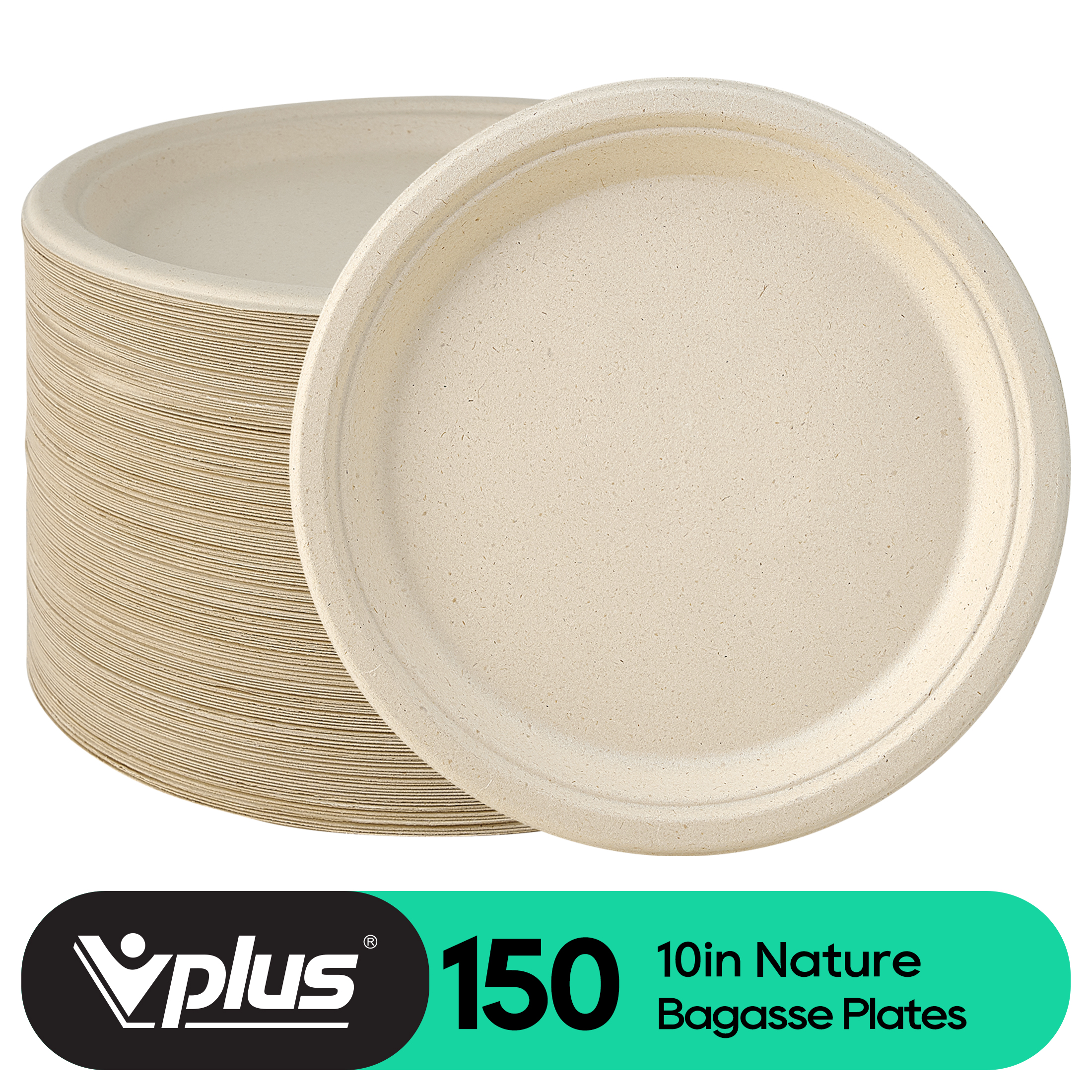 Vplus 150 Pack Compostable Bagasse Plate, Disposable Paper Plates