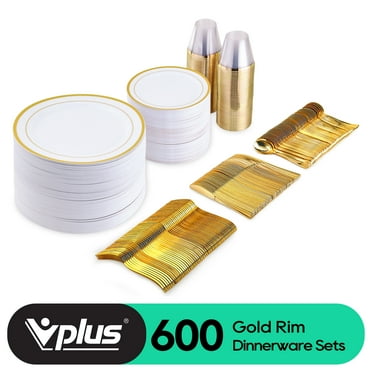 700 Piece Gold Dinnerware Set - 200 Gold Rim Plastic Plates - 100 Gold ...