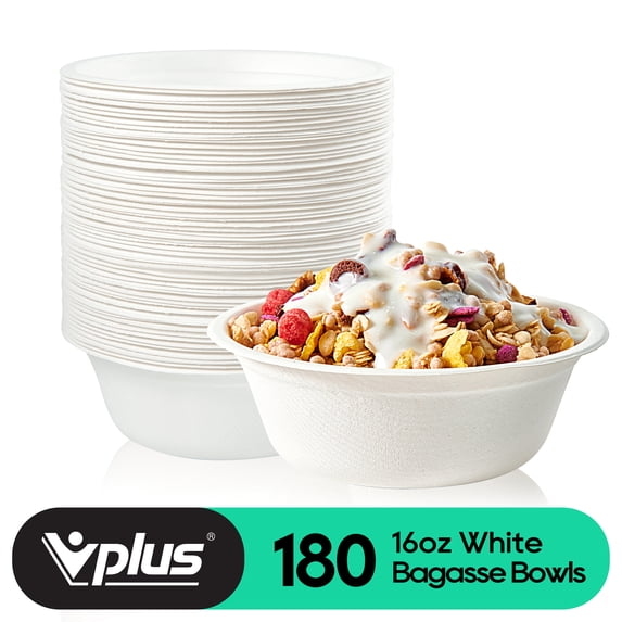 Vplus Compostable Disposable Paper Bowls, 16 oz, 180 Pack