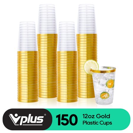 Vplus Disposable Plastic Cups, Gold Rimmed, 12oz, 150Pack