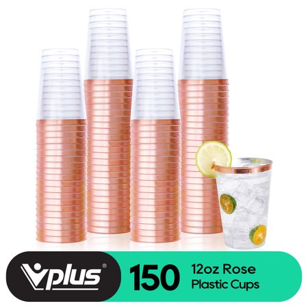 Vplus Disposable Plastic Cups, Rose Gold Rimmed, 12oz, 150Pack