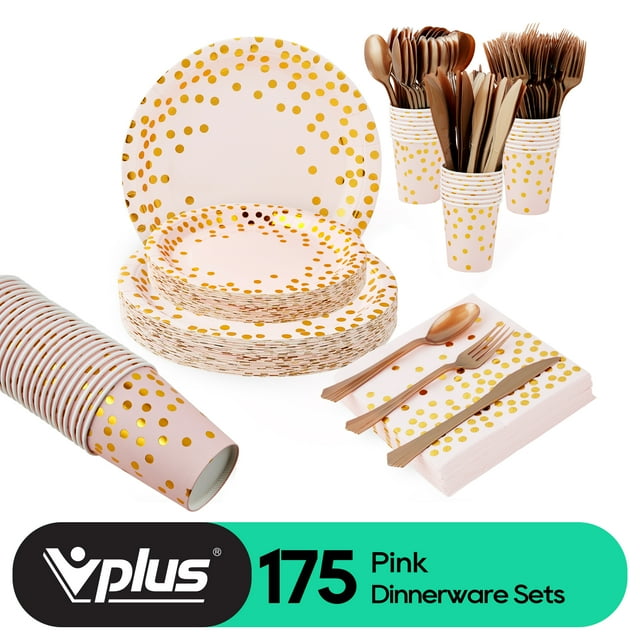 Vplus Pink Paper Plate Set, Disposable Dinnerware Set, 175 Pack