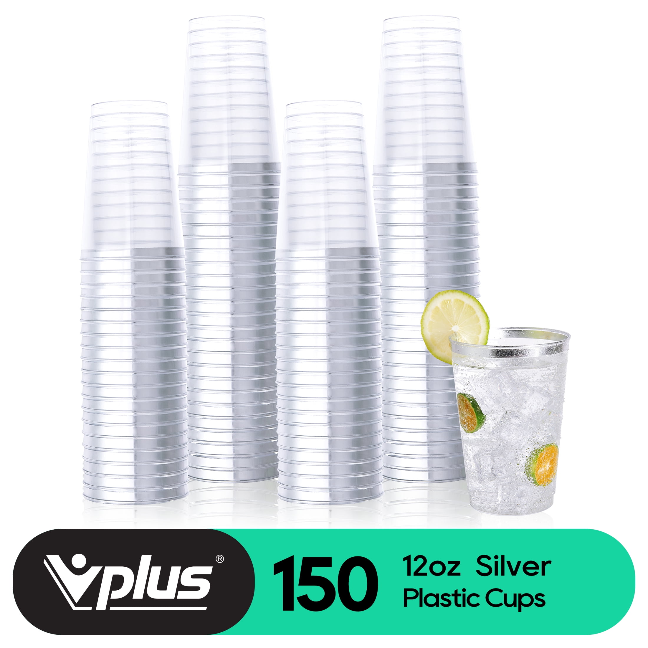 Vplus Silver Rimmed Disposable Plastic Cups, 12oz, 150Pack - Walmart.com