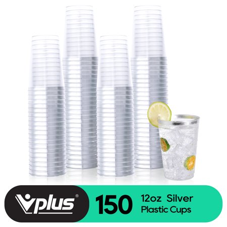 Vplus Silver Rimmed Disposable Plastic Cups, 12oz, 150Pack