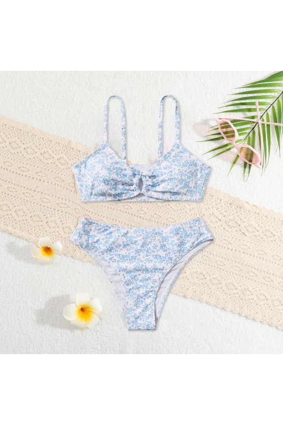 Girls Swimwear 2 Piece Bikini Set Floral Print Beach Bathing Suit For Swimming Pools Sleeveless Fall Spring